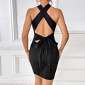 Vestido negro sexy con cuello halter, espalda descubierta y gran lazo decorativo detrás - S / Negro