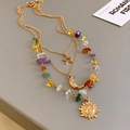 Gold-plated layered sun and moon necklace with colorful natural crushed stones - 42# Necklace - Celestial Star Moon Sun / Three-Piece Set / Gold