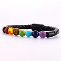 Close-up of seven colorful chakra stones on black braided leather bracelet with magnetic clasp - Colorful Beads