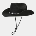 Detailed texture of black straw cowboy hat with leather band and metal buckle accents - Black