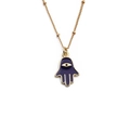 Golden Hamsa hand necklace with purple enamel and evil eye pendant detail - Purple