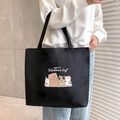 Black canvas tote bag featuring Valentine's Day cartoon animals and heart pattern - Heart Kitten - Black