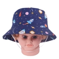 Detail of space-themed kids bucket hat with rocket prints and adjustable windproof strap - 50cm / Interstellar Spaceship