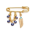 Gold palm brooch with blue evil eye charms and a feather pendant for clothing decoration - Pin with Feather Charm and Multiple Blue Evil Eyes