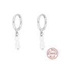 Elegant S925 sterling silver hoop earrings with three dangling white pearls on white background - Silver
