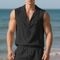 Ensemble chemise sans manches et short en lin noir pour homme style décontracté de plage - S / Noir