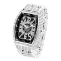 Silver iced-out tonneau watch with black compass dial and full crystal stones - Silver Black