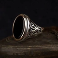 Punk style men's ring with large black oval stone and vine engraved silver band - US 7 / Oval Gemstone
