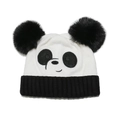 Cute panda knit hat for kids with black ear pom-poms and warm fleece lining - M (56-58cm) / Black