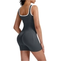 Detail of grey ribbed seamless bodysuit showing white contrast trim and lifting effect - Dark Gray