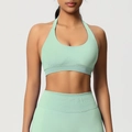 Détail d'un soutien-gorge de sport licou et legging de yoga côtelé vert menthe sans couture - Vert Palmier