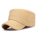 Men's khaki cotton flat top military cap featuring embroidered stars on side - Adjustable / Beige