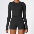 Conjunto deportivo negro de manga larga y pantalones cortos de cintura alta de yoga - S / Negro Premium