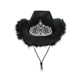 Sombrero vaquero negro con corona de gemas y decorativo adorno de plumas - Adulto 58CM / Pluma Negra con Hilo de Plata