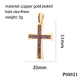 Pendaglio a croce hip hop in rame placcato oro con strass viola per creazione gioielli - P01021-Zircone Rosso Porpora