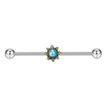Silver industrial barbell earring with antique gold sunflower and blue turquoise stone - Leaf Turquoise
