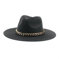 Detail of hand-woven black straw panama hat featuring a bold gold chain band decoration - Adjustable / Black