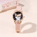 Süße Katzenohren Armbanduhr mit rosa Lederband und roségoldenem römischem Zifferblatt - Rosa