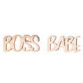 Detailed view of rose gold BOSS BABE letter stud earrings with polished mirror finish - BOSS BABE / Rose Gold