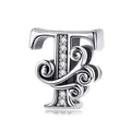 925 sterling silver letter T charm with white zircon stones and vintage swirl details - Letter T