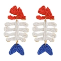 Creative fishbone raffia earrings with red white and blue handwoven geometric design - Red White Blue Contrast Color Fish Bone Drop Earrings