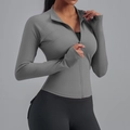 Slim fit grey full-zip sports jacket with thumb holes and matching black leggings - XS / Sea Rock Grey