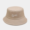 Close-up of Pew Pew finger gun embroidery on beige cotton bucket hat with fine stitching - Khaki