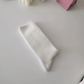 White cotton crew socks with vertical stripe texture and embroidered floral detail - Wide Striped White