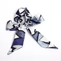 Blue and white abstract geometric silk scarf tied in a bow with satin finish - S59-Blue White Black Abstract Geometric