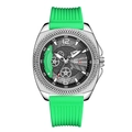 Racing style men's watch with silver steel case, green silicone strap and brake caliper dial - Green