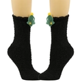 Detail von Plüschsocken in Schwarz mit 3D-Weihnachtsbaum-Verzierung und gelben Sternen - Weihnachtsbaum / Schwarz