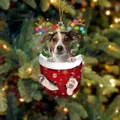 Weihnachtsanhänger Jack Russell mit Geweih und Lichtern in einer roten Socke - Jack Russell Typ 2