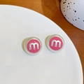 Pink round earrings with 'm' letter detail in silver finish for a trendy preppy look - Round Letter M Stud Earrings (27#) / Pink White