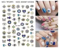 Detailed view of evil eye nail stickers with blue hearts and stars for bohemian manicures - WG891