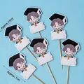Set of 10 Graduation cake toppers featuring cartoon boy in black academic gown and cap - Graduation Blank Boy