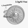 Macro detail of sun face relief ring showing 1.8cm diameter and 3.3g weight specs - J889-Silver / Silver