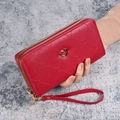 Red long wallet for women with double zippers, gold heart charm and diamond pattern - Red