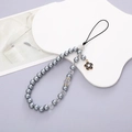 Elegant phone lanyard with grey pearls, clear crystals and black camellia flower pendant - K042 Grey Pearl