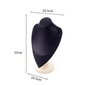 Black leather portrait bust necklace display with wooden base, size 16.5x25x10.5cm - Medium Black PU with Wood Base