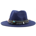 Navy straw sun hat with ethnic beadwork, turquoise stone and fringe bohemian style - Navy Blue