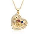 Detail shot of heart-shaped MOM necklace with multi-colored crystals on gold metal - Multi-Color Rhinestone Hollow Heart Style (E161)