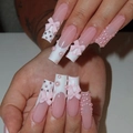 French tip press-on nails with pink 3D bows, pearls, and rhinestones in long square shape - Bz1850 Pink Jade Style / Jelly Glue + Nail File
