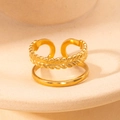Double-layered gold titanium steel open ring with a textured leaf design and smooth band - Gold 120