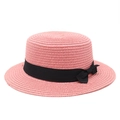 Detail of pink straw boater hat with fine weaving and elegant black grosgrain ribbon bow - S (54-56cm) / Dusky Pink