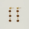 Bohemian gold-tone drop earrings with three brown floral crystal beads in a row - Bronze (Earrings)