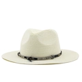 Close-up of woven straw fedora hat featuring a contrast band and delicate feather detail - Creamy White