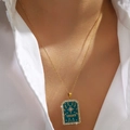 Vintage gold necklace with square turquoise enamel pendant and Lucky star engraving - Lucky Square Tag (DJN013GL-NB)