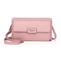 Pale pink crossbody phone bag with card slots and metal buckle on soft leather texture - Pink