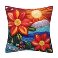 Pillowcase featuring 3D floral embroidery with sunrise hills and blue wave pattern - 18x18 Inch