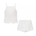Summer women white two-piece set featuring a button-down camisole and high-waist shorts - XS / White Zirconia Set